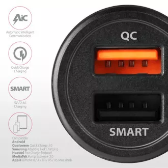AXAGON PWC-QC5, QUICK és SMART autós töltő, 2x port QC3.0 / AFC / FCP + 5V-2.6A, 31.5W