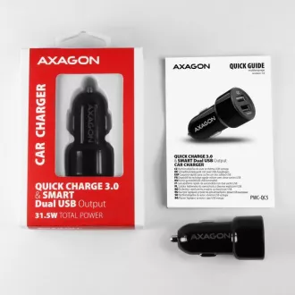 AXAGON PWC-QC5, QUICK és SMART autós töltő, 2x port QC3.0 / AFC / FCP + 5V-2.6A, 31.5W