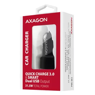AXAGON PWC-QC5, QUICK és SMART autós töltő, 2x port QC3.0 / AFC / FCP + 5V-2.6A, 31.5W
