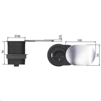 Solight 1x beépített aljzat 1x USB csúszófedéllel, ovális csiszolt alumínium borítás, hosszabbító kábel 1, 9m Solight 1x beépített aljzat 1x USB csúszófedéllel, ovális csiszolt alumínium borítás, hosszabbító kábel 1, 9m