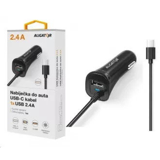 Aligátor autós töltő Turbó töltés, 12/24 V, 2, 4 A, USB-C, 1x USB kimenet, fekete