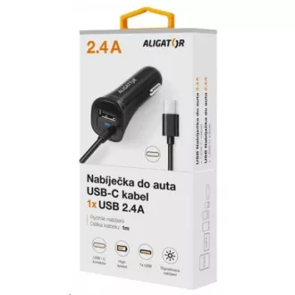 Aligátor autós töltő Turbó töltés, 12/24 V, 2, 4 A, USB-C, 1x USB kimenet, fekete