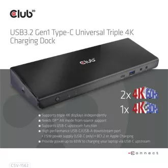 Club3D dokkolóállomás USB-C 13v1, 2xDP, 3xHDMI, 1xUSB-C, 5xUSB, 1xRJ45, 1x3.5mm, fekete, fekete