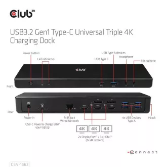 Club3D dokkolóállomás USB-C 13v1, 2xDP, 3xHDMI, 1xUSB-C, 5xUSB, 1xRJ45, 1x3.5mm, fekete, fekete