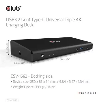 Club3D dokkolóállomás USB-C 13v1, 2xDP, 3xHDMI, 1xUSB-C, 5xUSB, 1xRJ45, 1x3.5mm, fekete, fekete