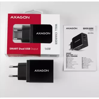 AXAGON ACU-DS16, SMART hálózati töltő 16W, 2x USB-A port, 5V / 2.2A + 5V / 1A