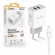 Aligátor hálózati töltő, 2x USB, Lightning 2A kábel, smart IC, 2, 4 A, fehér