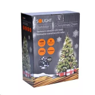 SOLIGHT LED kültéri karácsonyi lánc, 400 LED, 20m, 5m vezeték, 8 funkció, IP44, hideg fehér