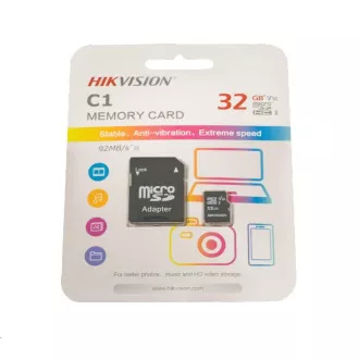 HIKVISION MicroSDHC kártya 32 GB C1 (R: 92 MB / s, W: 15 MB / s) + adapter
