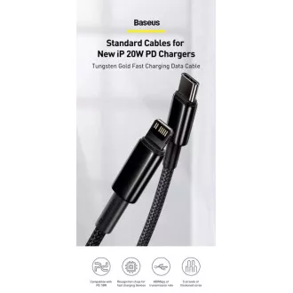 Baseus Tungsten Gold gyorstöltő / adatkábel USB-C és Lightning PD 20W 2m, fekete