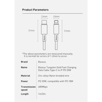 Baseus Tungsten Gold gyorstöltő / adatkábel USB-C és Lightning PD 20W 2m, fekete