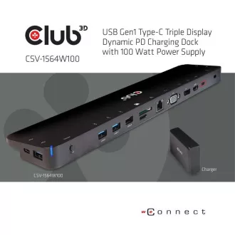 Club3D dokkolóállomás USB-C 14v1, 1xDP, 1xHDMI, 1xVGA, 2xUSB-C, 5xUSB, SD kártyaolvasó, 1xRJ45, fekete színű