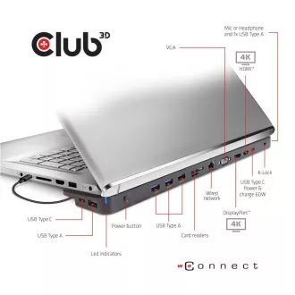 Club3D dokkolóállomás USB-C 14v1, 1xDP, 1xHDMI, 1xVGA, 2xUSB-C, 5xUSB, SD kártyaolvasó, 1xRJ45, fekete színű