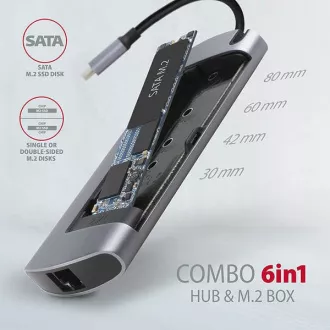 AXAGON HMC-6M2, USB 3.2 Gen 1 hub, portok 2x USB-A, HDMI, RJ-45 GLAN, SATA M.2 slot, PD 100W, USB-C kábel 18cm AXAGON HMC-6M2, USB 3.2 Gen 1 hub, portok 2x USB-A, HDMI, RJ-45 GLAN, SATA M.2 slot, PD 100W, USB-C kábel 18cm