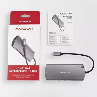 AXAGON HMC-6M2, USB 3.2 Gen 1 hub, portok 2x USB-A, HDMI, RJ-45 GLAN, SATA M.2 slot, PD 100W, USB-C kábel 18cm AXAGON HMC-6M2, USB 3.2 Gen 1 hub, portok 2x USB-A, HDMI, RJ-45 GLAN, SATA M.2 slot, PD 100W, USB-C kábel 18cm