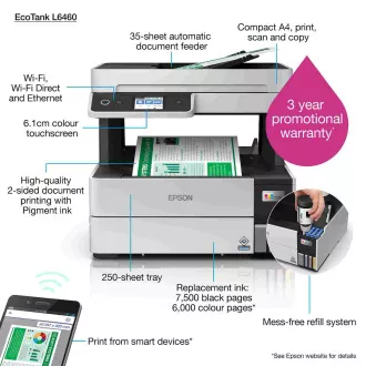 EPSON nyomtató tinta EcoTank L6460, 3in1, A4, 1200x4800dpi, 37 oldal/perc, USB, Duplex, 5 év garancia ingyenes regisztráció után EPSON nyomtató tinta EcoTank L6460, 3in1, A4, 1200x4800dpi, 37 oldal/perc, USB, Duplex, 5 év garancia ingyenes regisztráció után