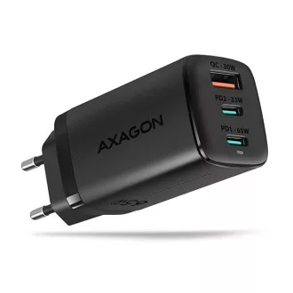 AXAGON ACU-DPQ65, GaN hálózati töltő 65W, 3x port (USB-A   dual USB-C), PD3.0/QC4 /PPS/Apple, fekete színben
