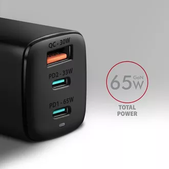 AXAGON ACU-DPQ65, GaN hálózati töltő 65W, 3x port (USB-A   dual USB-C), PD3.0/QC4 /PPS/Apple, fekete színben