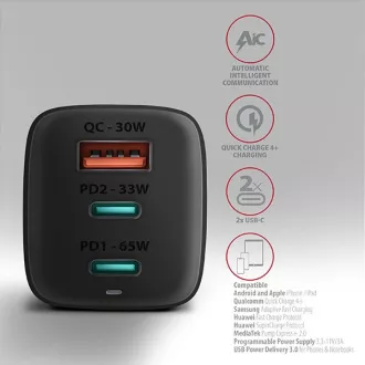 AXAGON ACU-DPQ65, GaN hálózati töltő 65W, 3x port (USB-A   dual USB-C), PD3.0/QC4 /PPS/Apple, fekete színben