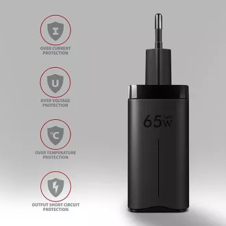 AXAGON ACU-DPQ65, GaN hálózati töltő 65W, 3x port (USB-A   dual USB-C), PD3.0/QC4 /PPS/Apple, fekete színben