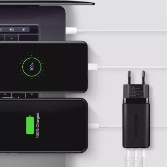 AXAGON ACU-DPQ65, GaN hálózati töltő 65W, 3x port (USB-A   dual USB-C), PD3.0/QC4 /PPS/Apple, fekete színben