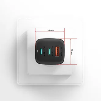 AXAGON ACU-DPQ65, GaN hálózati töltő 65W, 3x port (USB-A   dual USB-C), PD3.0/QC4 /PPS/Apple, fekete színben