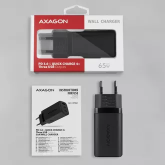 AXAGON ACU-DPQ65, GaN hálózati töltő 65W, 3x port (USB-A   dual USB-C), PD3.0/QC4 /PPS/Apple, fekete színben