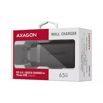 AXAGON ACU-DPQ65, GaN hálózati töltő 65W, 3x port (USB-A   dual USB-C), PD3.0/QC4 /PPS/Apple, fekete színben