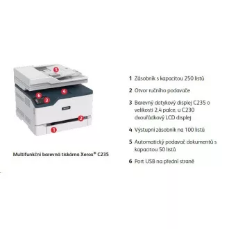 Xerox C235V_DNI, színes lézer. többfunkciós, A4, 22 lap/perc, duplex, ADF, WiFi / USB / Ethernet, 512 MB RAM, Apple AirPrint Xerox C235V_DNI, színes lézer. többfunkciós, A4, 22 lap/perc, duplex, ADF, WiFi / USB / Ethernet, 512 MB RAM, Apple AirPrint