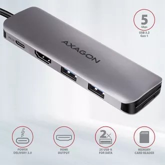 AXAGON HMC-5, USB 3.2 Gen 1 hub, portok 2x USB-A, HDMI, SD / microSD foglalat, PD 100 W, USB-C kábel 20 cm