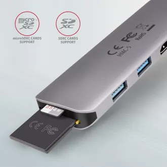 AXAGON HMC-5, USB 3.2 Gen 1 hub, portok 2x USB-A, HDMI, SD / microSD foglalat, PD 100 W, USB-C kábel 20 cm