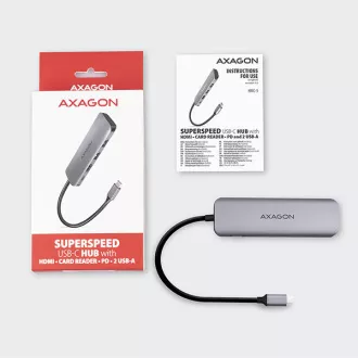 AXAGON HMC-5, USB 3.2 Gen 1 hub, portok 2x USB-A, HDMI, SD / microSD foglalat, PD 100 W, USB-C kábel 20 cm