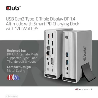 Club3D dokkolóállomás USB-C 12v1, 1xDP, 2xHDMI, 1xVGA, 2xUSB-C, 4xUSB, 1xRJ45, 1x3.5mm, szürke, szürke