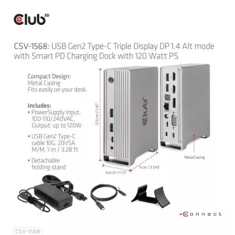 Club3D dokkolóállomás USB-C 12v1, 1xDP, 2xHDMI, 1xVGA, 2xUSB-C, 4xUSB, 1xRJ45, 1x3.5mm, szürke, szürke