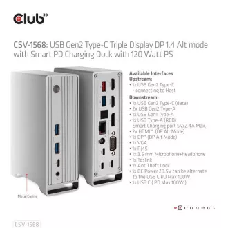 Club3D dokkolóállomás USB-C 12v1, 1xDP, 2xHDMI, 1xVGA, 2xUSB-C, 4xUSB, 1xRJ45, 1x3.5mm, szürke, szürke