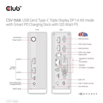 Club3D dokkolóállomás USB-C 12v1, 1xDP, 2xHDMI, 1xVGA, 2xUSB-C, 4xUSB, 1xRJ45, 1x3.5mm, szürke, szürke