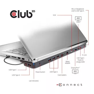 Club3D dokkolóállomás USB-C 14v1, 1xDP, 1xHDMI, 1xVGA, 2xUSB-C, 5xUSB, SD kártyaolvasó, fekete színben Club3D dokkolóállomás USB-C 14v1, 1xDP, 1xHDMI, 1xVGA, 2xUSB-C, 5xUSB, SD kártyaolvasó, fekete színben