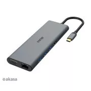 AKASA dokkolóállomás USB-C 14in1, USB-C (tápellátás + adat), USB 2.0, 2xHDMI, VGA, RJ45, USB 3.2, kártyaolvasó, 3, 5 mm-es jack