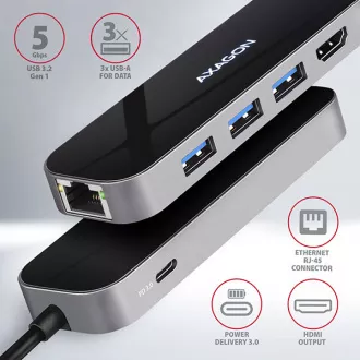 AXAGON HMC-6GL, USB 3.2 Gen 1 hub, portok 3x USB-A, HDMI, RJ-45 GLAN, PD 60W, USB-C kábel 20cm