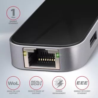 AXAGON HMC-6GL, USB 3.2 Gen 1 hub, portok 3x USB-A, HDMI, RJ-45 GLAN, PD 60W, USB-C kábel 20cm