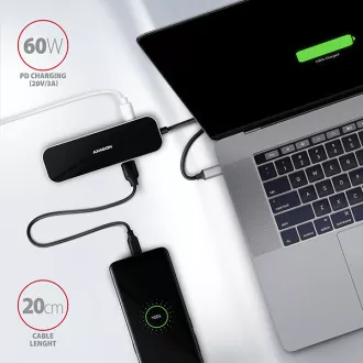 AXAGON HMC-6GL, USB 3.2 Gen 1 hub, portok 3x USB-A, HDMI, RJ-45 GLAN, PD 60W, USB-C kábel 20cm