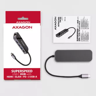 AXAGON HMC-6GL, USB 3.2 Gen 1 hub, portok 3x USB-A, HDMI, RJ-45 GLAN, PD 60W, USB-C kábel 20cm