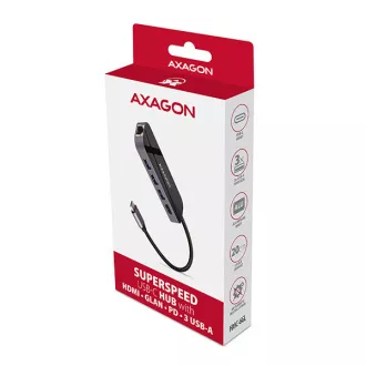 AXAGON HMC-6GL, USB 3.2 Gen 1 hub, portok 3x USB-A, HDMI, RJ-45 GLAN, PD 60W, USB-C kábel 20cm