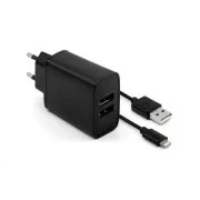 FIXED hálózati töltő, csatlakozó 2x USB-A, kábel USB -> Lightning (MFI) hossza 1 m, 15 W, fekete