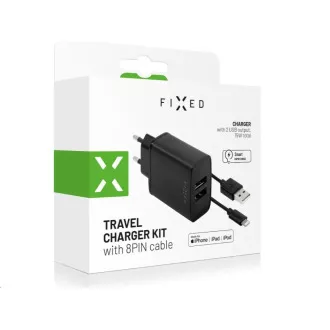 FIXED hálózati töltő, csatlakozó 2x USB-A, kábel USB -> Lightning (MFI) hossza 1 m, 15 W, fekete