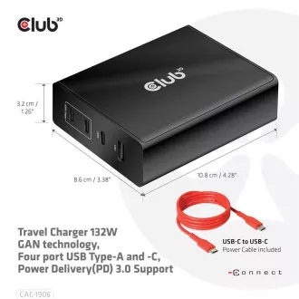 Club3D utazási töltő 132W GAN technológiával, 4xUSB-A és USB-C, PD 3.0 támogatással