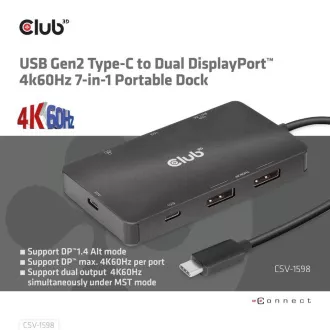 Club3D dokkolóállomás USB-C 7v1, 2xDP, 2xUSB-C, 2xUSB, 2xUSB, 1xRJ45, fekete