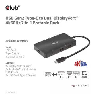 Club3D dokkolóállomás USB-C 7v1, 2xDP, 2xUSB-C, 2xUSB, 2xUSB, 1xRJ45, fekete