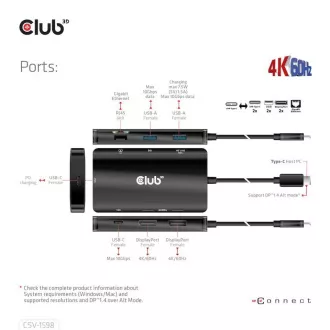 Club3D dokkolóállomás USB-C 7v1, 2xDP, 2xUSB-C, 2xUSB, 2xUSB, 1xRJ45, fekete