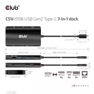 Club3D dokkolóállomás USB-C 7v1, 2xDP, 2xUSB-C, 2xUSB, 2xUSB, 1xRJ45, fekete